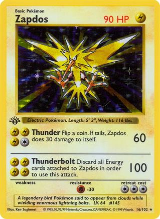 Zapdos 016  - Unlimited Holofoil Base Set Shadowless - Holo Rare