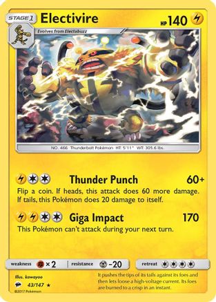 Electivire/147  - Reverse Holofoil SM  Burning Shadows - Rare