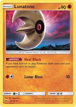 Lunatone 068/147  - Reverse Holofoil SM  Burning Shadows - Uncommon